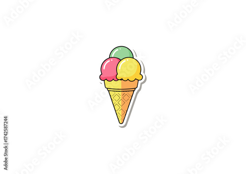 Delightful cartoon illustration of a triple scoop ice cream cone with pink, yellow, and green scoops, evoking the sweet taste of summer