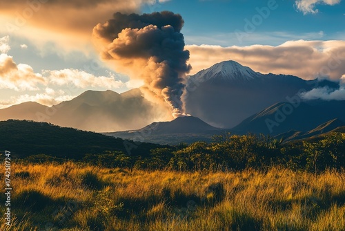 prehistoric volcano spewing smoke over distant mountains