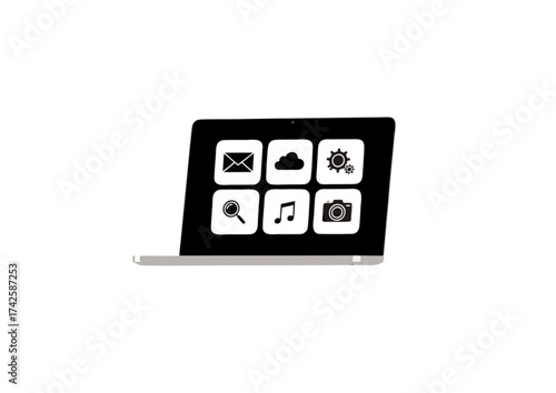 Creative icons representing various digital services and communication tools displayed on a modern laptop screen