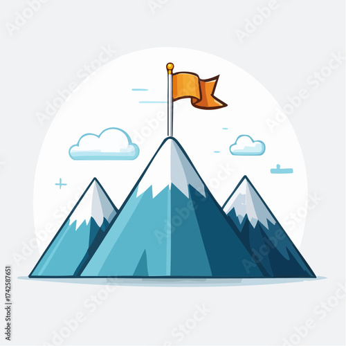Achieve your business goals and reach the summit! Conquer challenges with a winning strategy, like a flag on top of the mountain peak cartoon