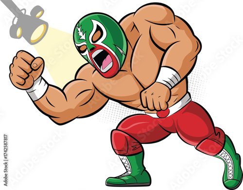 Colorful cartoon illustration of a masked wrestler posing in ring with spotlight, strong lucha libre fighter character, Mexican wrestling art
