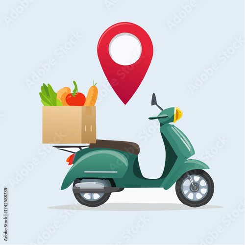 Speedy grocery delivery on a stylish scooter with fresh produce and a pinpoint location, perfect for modern food services and quick, convenient shopping