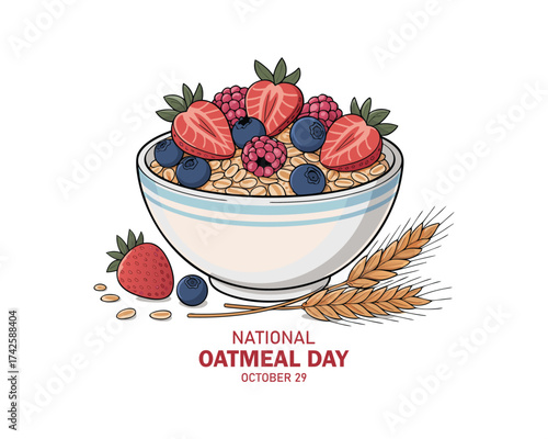 National Oatmeal Day vector. Bowl of oatmeal with berries icon vector. Healthy cereal breakfast with fruits icon vector. Oat flakes breakfast design element. October 29.