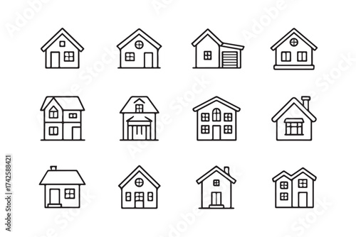 minimalist house icon collection variations roof porch garage chimney windows line art for ui and presentation