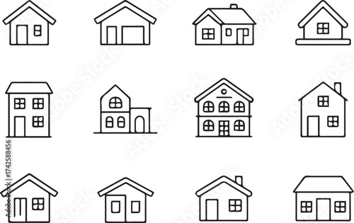 blue linear house icons set showing diverse residential styles modern and traditional for real estate and architecture