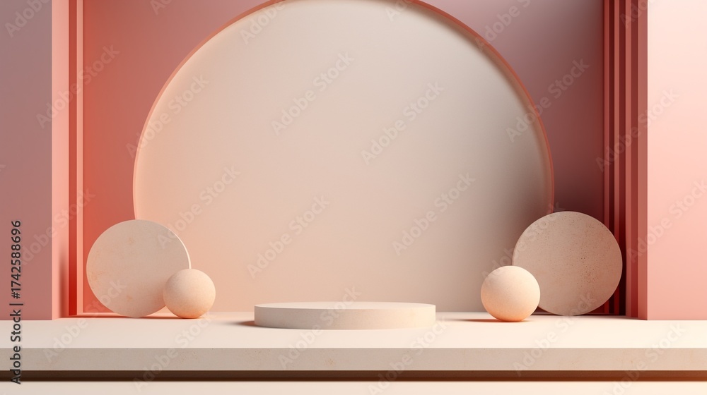 Fototapeta premium Minimalist Pink and Cream Geometric Display with Spheres and Arch