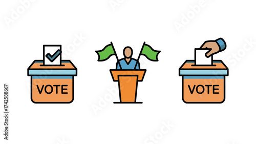 Illustrated voting icons depicting ballot boxes podium and hand casting vote in a democratic election process on transparent background,  Illustrator Artwork