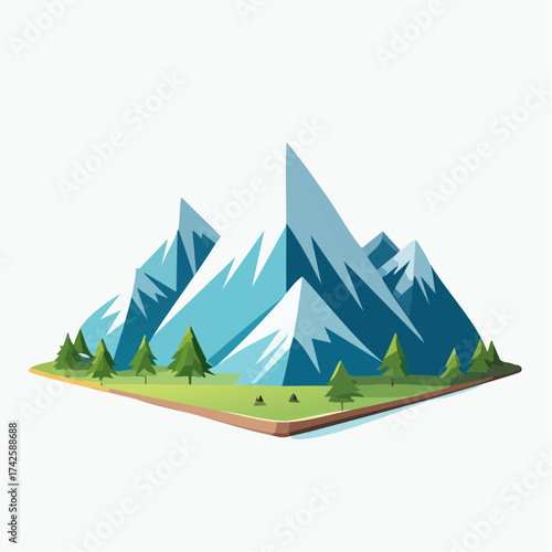 Stunning mountain vista with lush valley and evergreen trees, perfect for adventure travel branding and scenic outdoor promotions, originally vector graphics