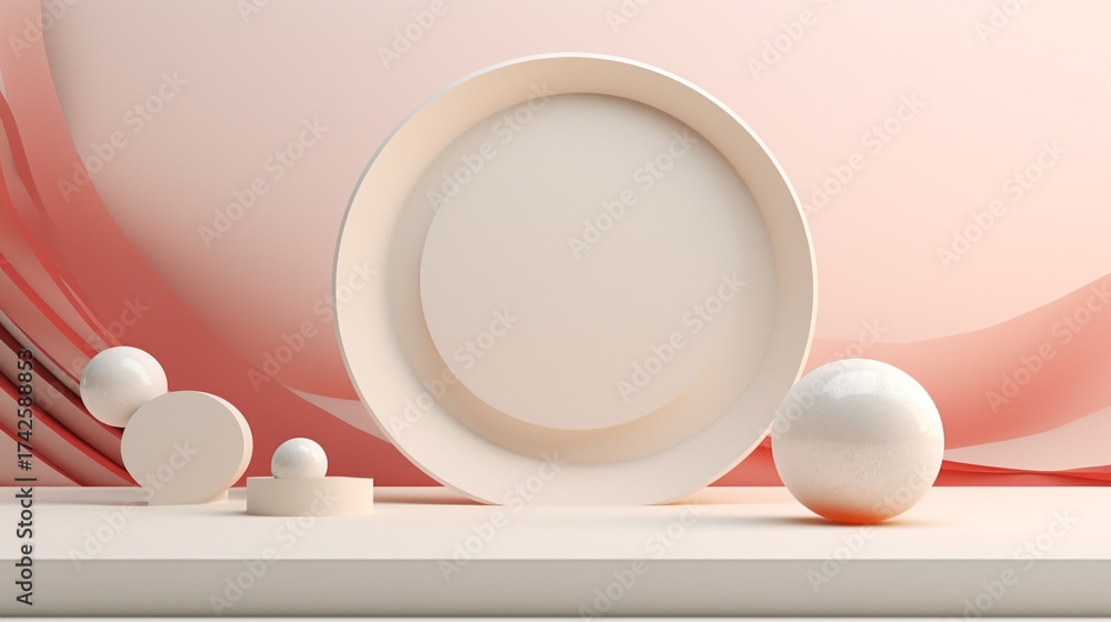 Fototapeta premium Minimalist Beige Circular Display Stand with Spherical Decor Elements in Soft Pink Background