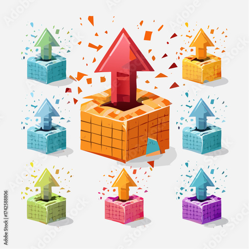 Vibrant arrows rising from colorful blocks, symbolizing growth and upward trends, perfect for showcasing business success and positive momentum in presentations