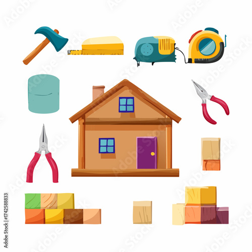 Delightful cartoon house under construction with colorful building blocks and tools, perfect for DIY, home improvement, and early childhood education projects