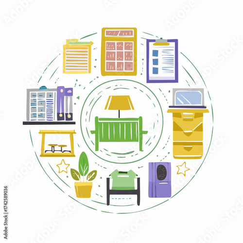 Organized workspace essentials, from laptop to plant, creating a balanced, productive home office environment, radiating calm and focus with modern flair.