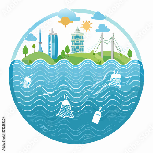 Pollution illustration highlighting marine debris in ocean water near city skyline, environmental awareness and conservation, originally a scalable vector graphic