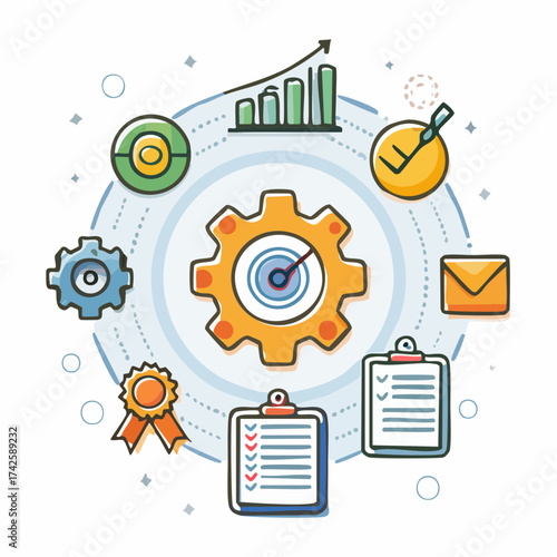Streamline workflow solutions with a focus on process optimization and business growth featuring gears, graphs, and checklists, ideal for project management