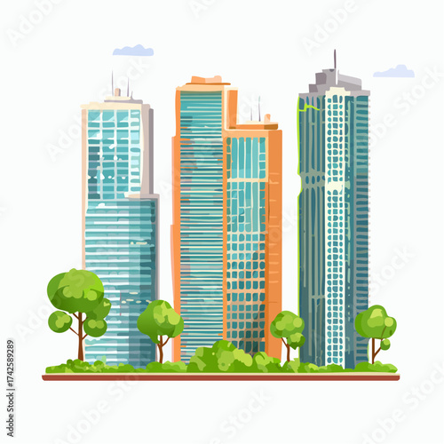 Vibrant city skyline illustration with modern architecture and lush greenery, perfect for urban development projects or travel brochures, originally a scalable vector graphic