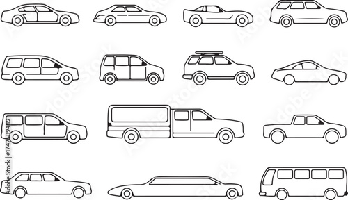 car and vehicle line icons set side profile sedan suv van truck bus vector illustrations
