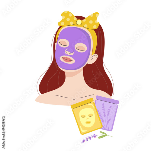 Vector illustration of a woman with a purple lavender face mask and yellow hairband. Spa aesthetic. Perfect for tag, cosmetics brand, wellness design, print, poster