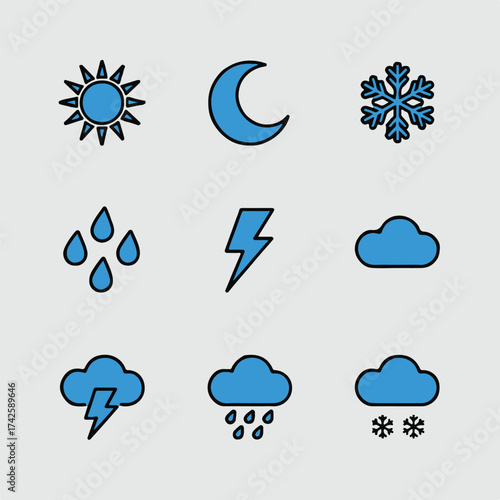 simple weather icons vector rounded squares flat ui set sun moon cloud rain thunder snow illustration