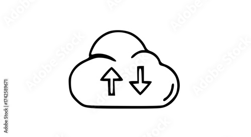 Simple line drawing of a cloud with up and down arrows, representing data transfer or cloud computing.