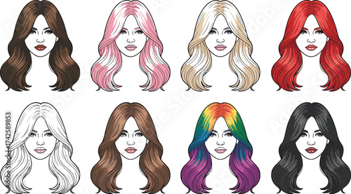 Various Wavy Hairstyle Illustrations In Different Colors Set On Transparent Background