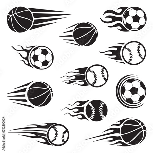 set of stylized flaming sports balls vector basketball soccer baseball motion trail illustrations for sports design