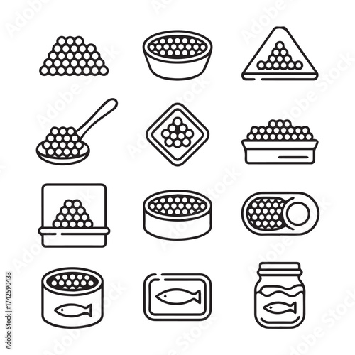 caviar icons vector pack 12 black and white line art seafood tins jars spoons and containers for packaging design