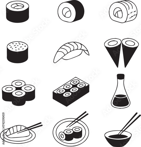 sushi icon set black and white vector illustrations of maki nigiri sashimi chopsticks soy bowl for menus