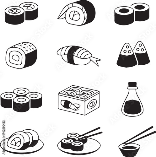 minimal sushi vector icon pack 12 black and white illustrations maki nigiri sashimi chopsticks bowl
