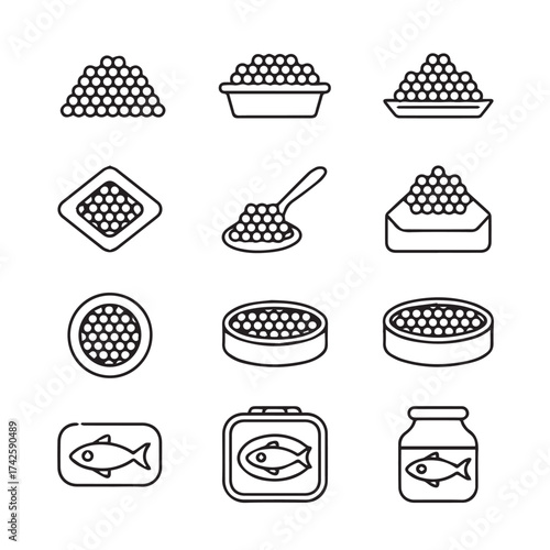 black line caviar icons set 12 minimalist seafood packaging and serving vector illustrations for culinary projects