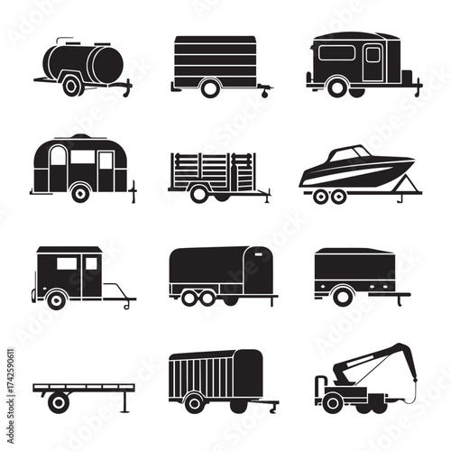 black trailer icons camper box tank boat flatbed towable vehicle silhouettes