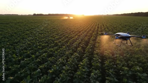 Aerial view of an agricultural drone spraying crops on a farm at sunrise.