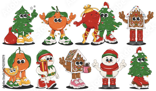 Groovy Retro Christmas Characters. Snowman, Tree, Tangerine, Gingerbread House. Cartoon Collection.