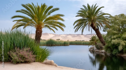 Oasis lake with palm trees and sand dunes