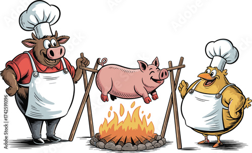 Funny cartoon farm animals cooking barbecue, pig and chicken chefs with smiling pig roast, farm fresh BBQ illustration, humorous food art