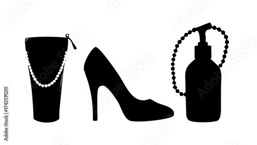Silhouette of a lotion bottle, a purse, a beaded necklace, and a high heel shoe against a white background | editable eps vectors icon 