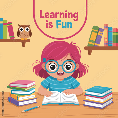 Happy child reading a book isolated on transparent background