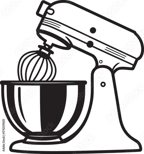 Stand Mixer Outline Kitchen Tool Black Line Art on Isolated Background