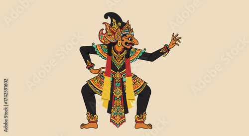Wayang Orang Character with Intricate Costume and Headdress.