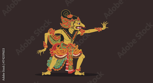Illustrated Wayang Kulit Character with Ornate Costume and Protruding Tongue.