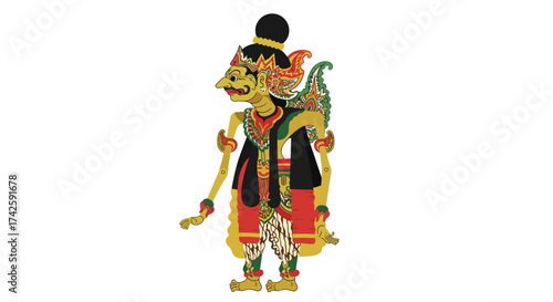 Wayang Kulit Shadow Puppet Character with Ornate Costume and Headdress.