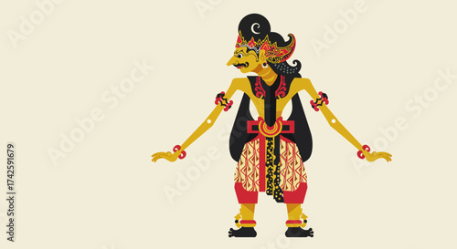 Wayang Kulit Character Illustration: Traditional Indonesian Shadow Puppet Figure.