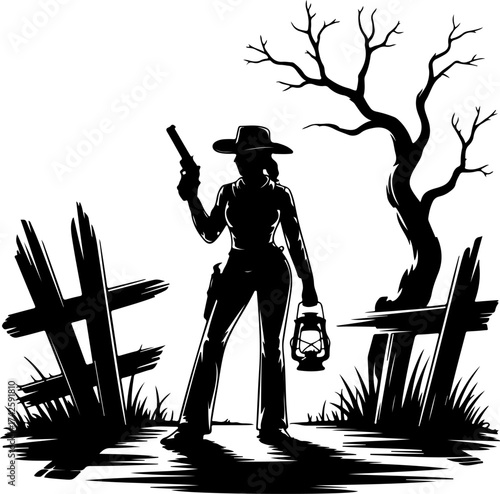 Western woman with gun and lantern silhouette against spooky dead tree and fence