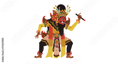 Balinese Shadow Puppet Character with Red Mask and Headdress.