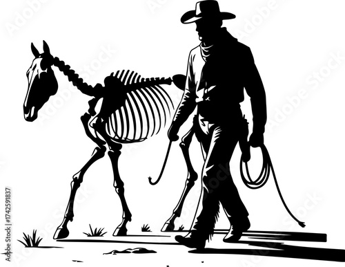 Silhouette of a Cowboy Leading a Horse Skeleton with a Lasso