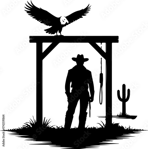 Silhouette of cowboy at gallows with eagle overhead in desert landscape
