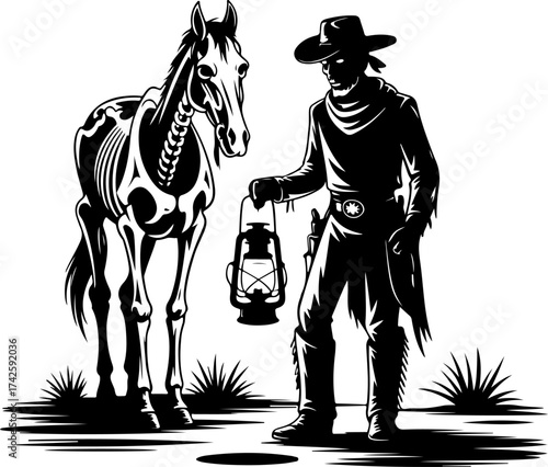 Cowboy with skeleton horse and lantern, a western-themed illustration