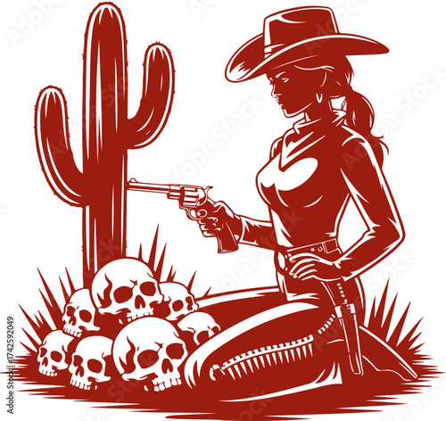 Cowgirl with Revolver and Skulls in Desert Landscape