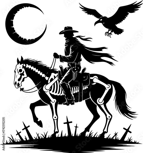 Skeleton Cowboy Riding a Horse Under a Crescent Moon and Flying Crow