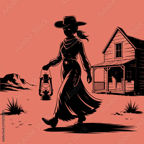 Lone woman in Western attire carries lantern by old house under a desolate sky