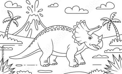 Triceratops dinosaur roaming near a volcanic eruption